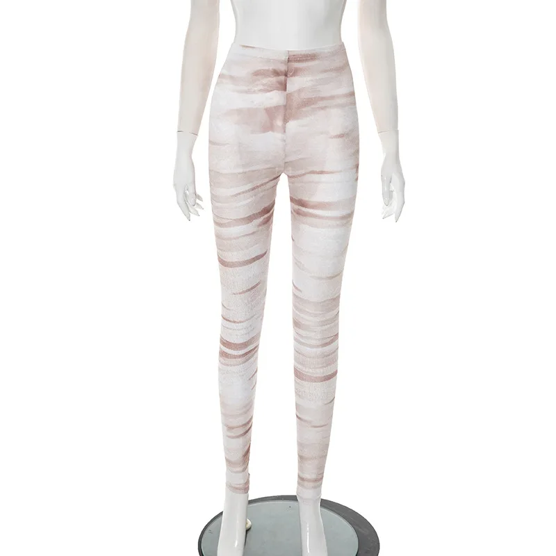 Women Sexy See Through Print Mesh Skinny Pants Elastic High Waist Peach Hips Slim Night Club Leggings Trousers Casual Bottoms