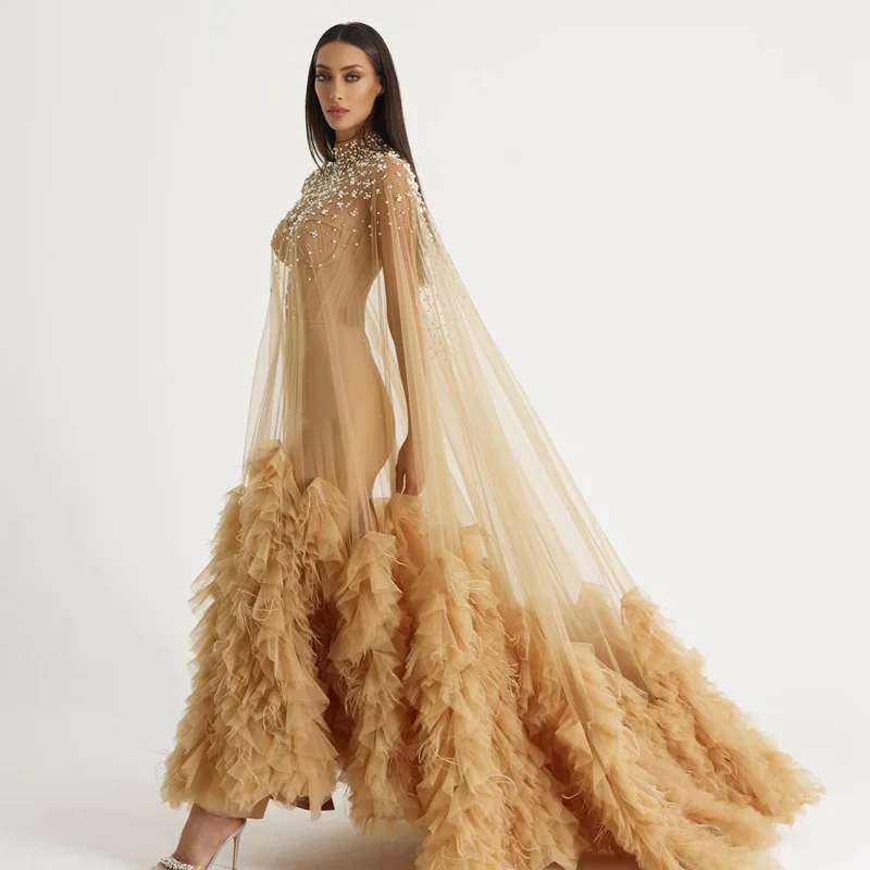 

Fashin khaki Sheer Tulle Robes Women Beading See Thru Illusion Outfit Ruffles Pleated Bottom Long Cloak Dresses Custom Made