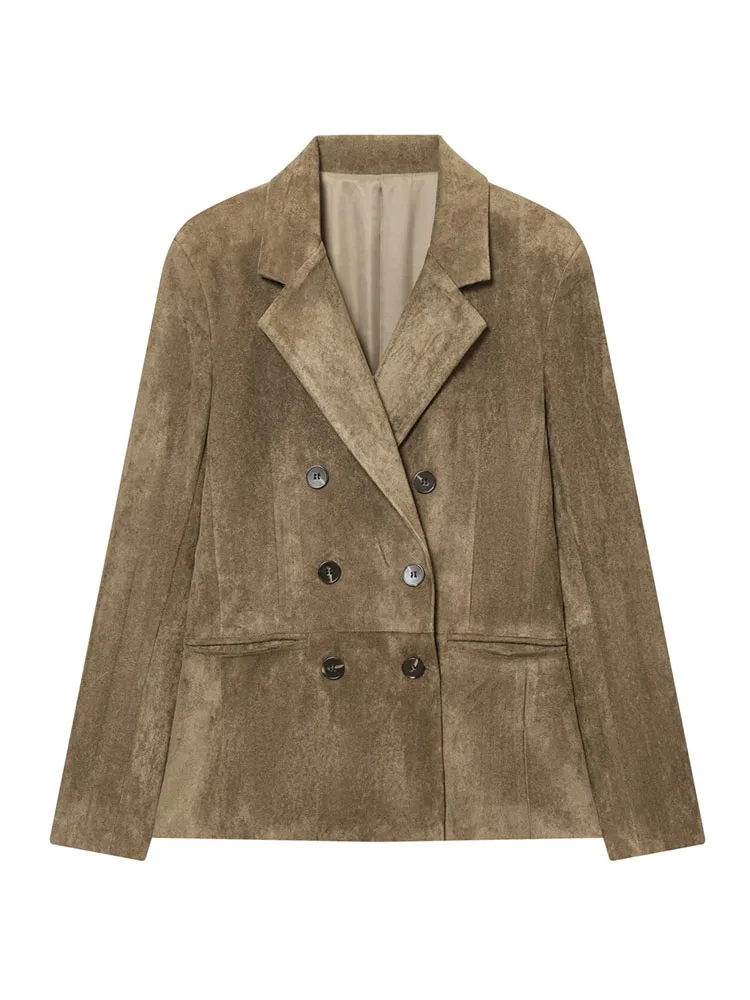 HH سترات نسائية عصرية جديدة بياقة مقلوبة وأكمام طويلة وجيوب مزدوجة الصدر معاطف فضفاضة غير رسمية للخريف للسيدات