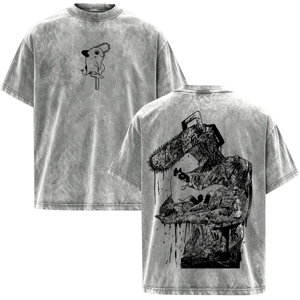 Anime Chainsaw Man Vintage Washed T-shirt Denji Pochita Manga Graphic T Shirts Men Women Clothing Casual Cotton Fashion T-shirts