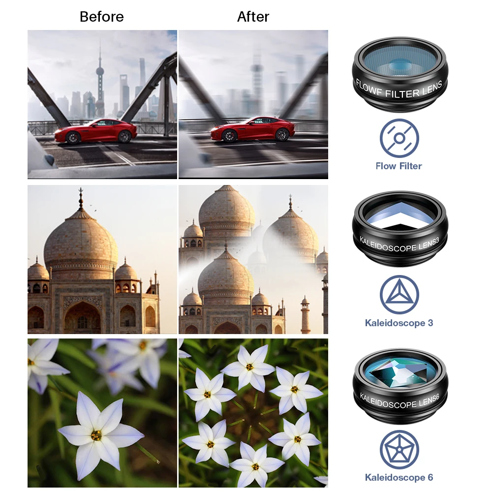 APEXEL 10 in 1 Phone camera Lens Kit Fisheye Wide Angle macro Lens CPL Filter Kaleidoscope and 2X telescope Lens for smartphone