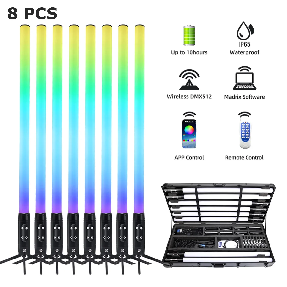 8pcs Waterproof IP65 360 Tube Pixel Uplight Battery Wireless LED Uplight DMX Wifi Control Double Pole Club Light for Party Event