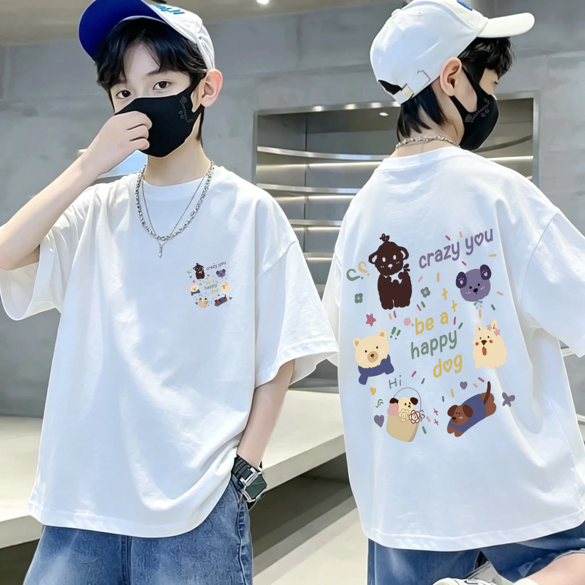 Fashionable, cute cat and dog small flower print children's pure cotton T-shirt for boys and girls, comfortable top for children