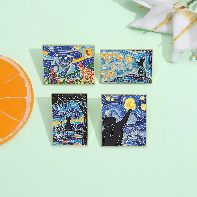 Van Gogh Oil Painting Enamel Pins Sets Custom Art Starry Night Black Cats Wave Brooches Lapel Badge Jewelry Decorative Gifts