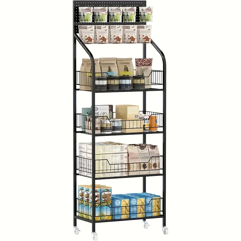 

Four-Level Metal Display Rack on Wheels, Featuring a Painted Surface, Separate Shelves, Designed for Floor Use, Versatile for Va