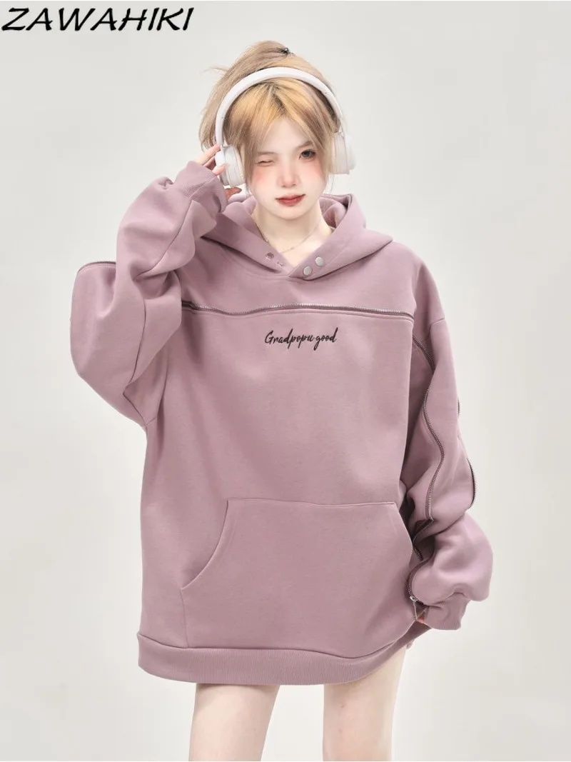 

ZAWAHIKI Sweatshirt Women Loose Oversize Fashion Solid Color Letter Embroidery Fall Winter Hoodies Chic Designed Zipper Kpop Top