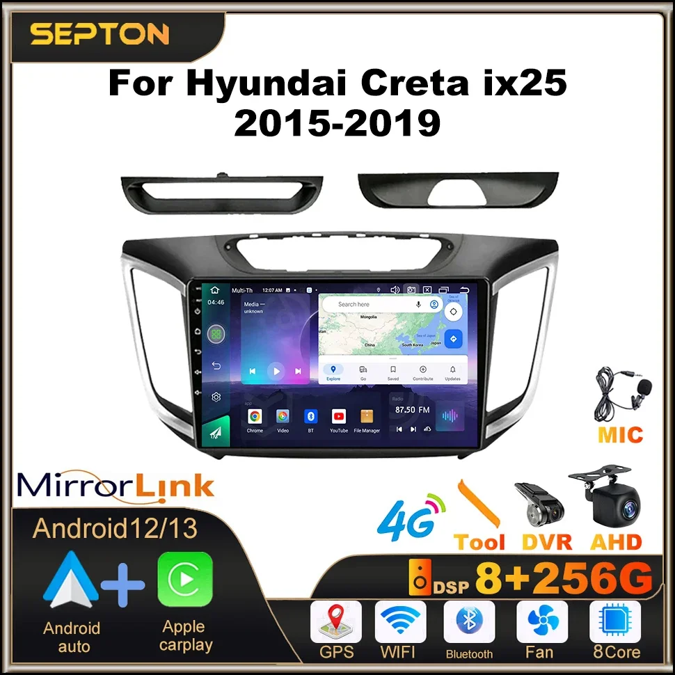 

SEPTON 8+128G Car Stereo Radio For Hyundai Creta ix25 2015-2019 Android 12 Multimedia Player Carplay Auto GPS 2Din Headunit