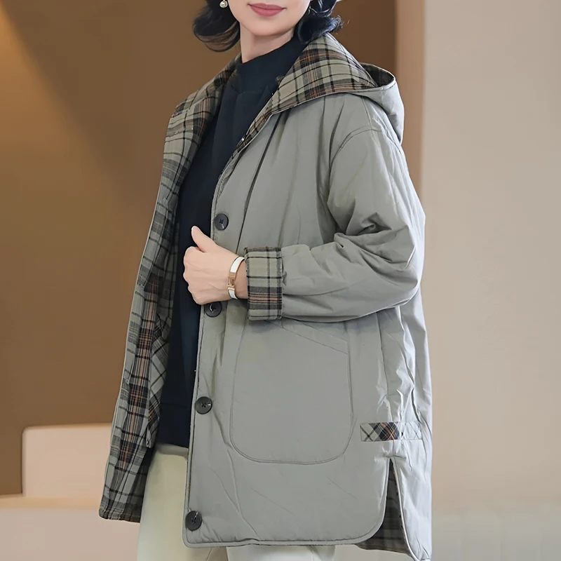 

Женская повседневная двусторонняя теплая хлопковая куртка с капюшоном, осенне-зимний дизайн, простой и элегантный стиль