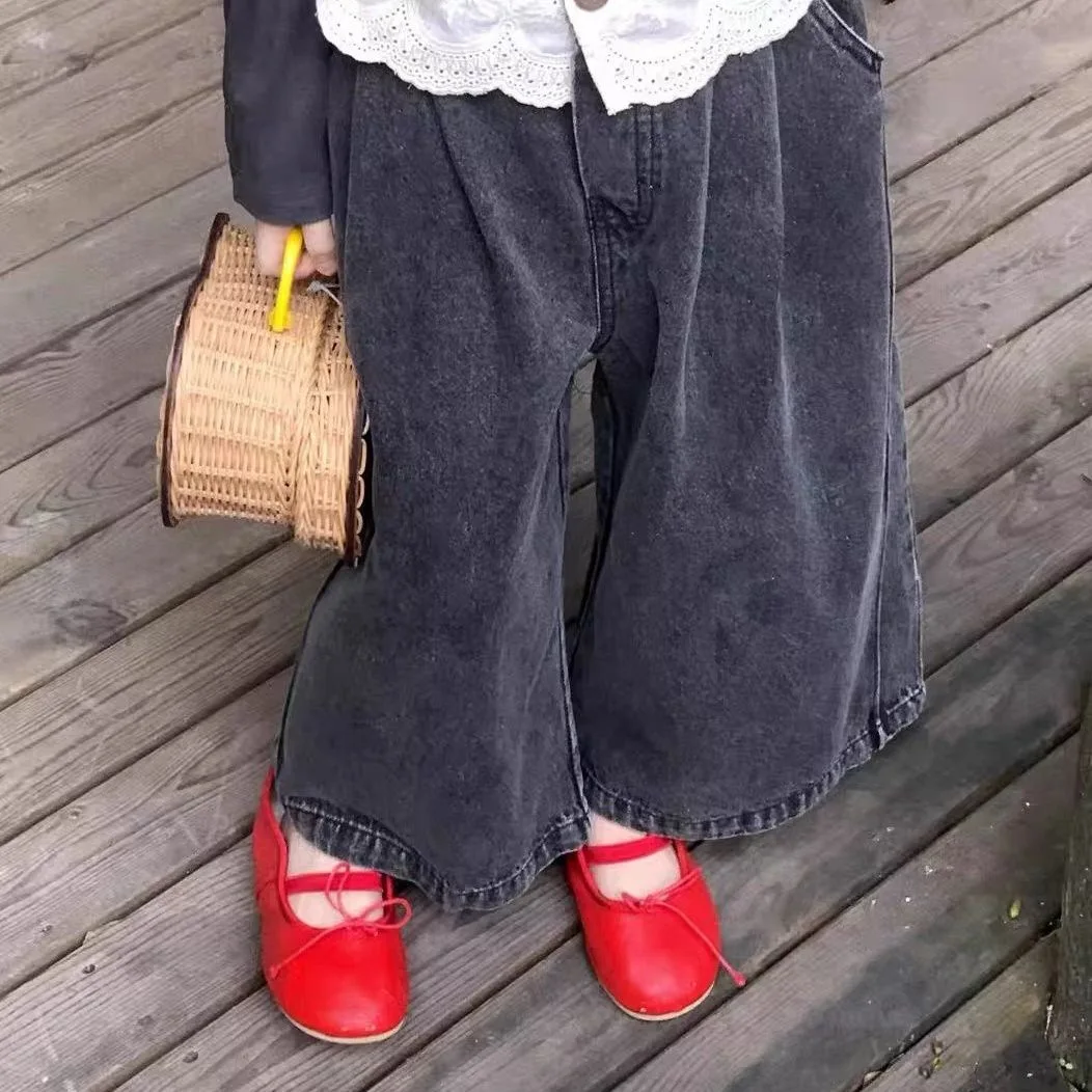 

Spring and Autumn Girls' Jeans Baby Foreign Children's Korean Lace Fart Curtain Fashion Wide Leg Pants