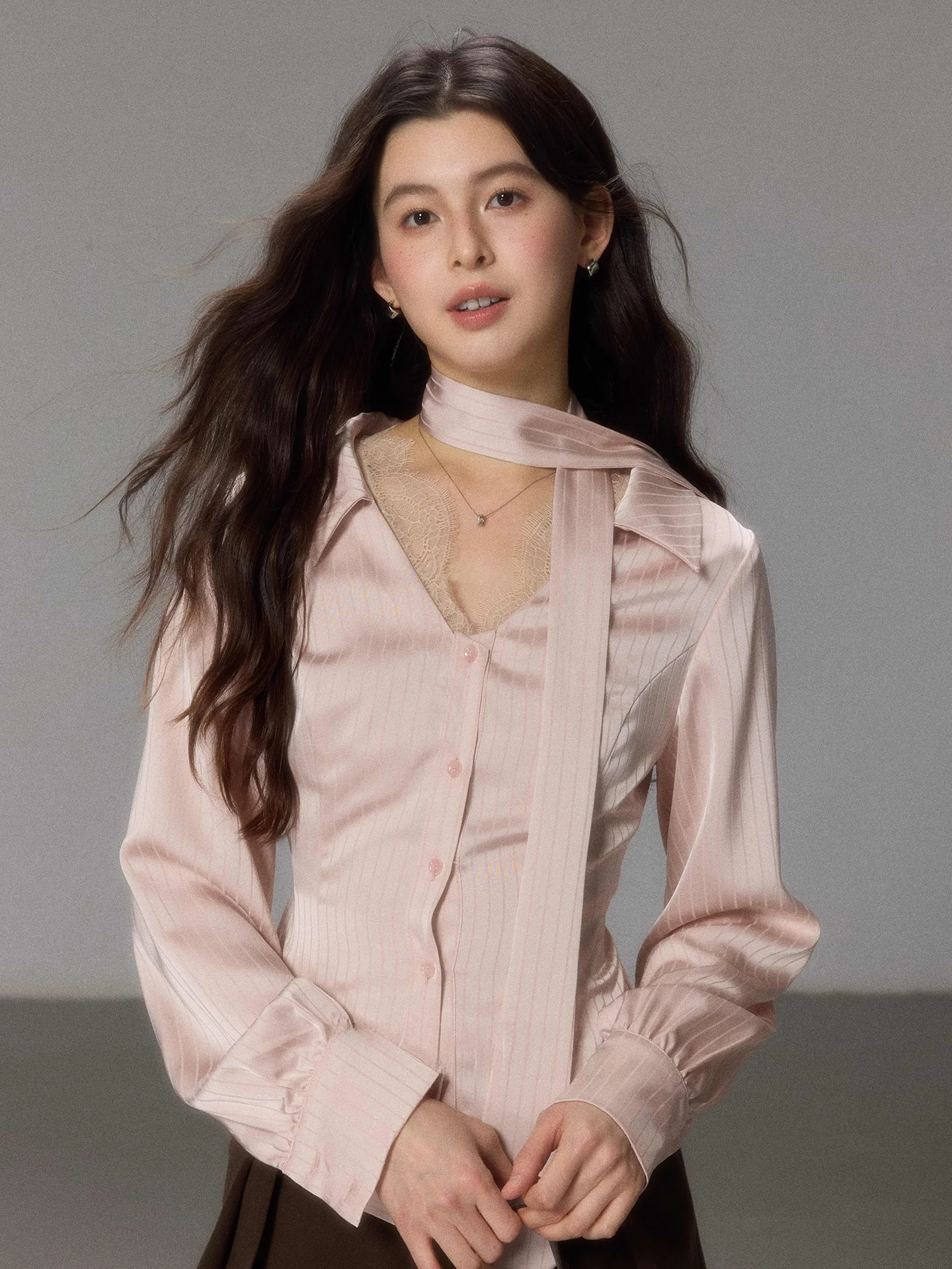 

Ele Pink Striped Silk Blend irt Women's V-Ne Commute Faion Design Breathable Long Sve Busin Casual irt