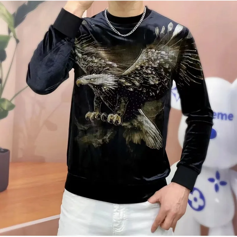 Autumn Winter Velvet Sweatshirts Men Fashion 3D Eagle Printed Round Neck Pullover Business Social Casual Hoodies Sweatshirts