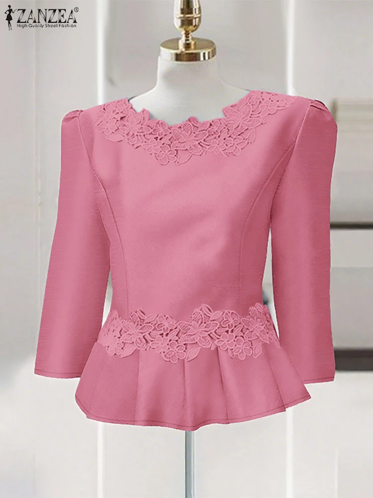 بلوزات ZANZEA النسائية الأنيقة المرقعة بالدانتيل موضة خريف 2025 رقبة مستديرة 3/4 كم بلوزات بحاشية مكشكشة بلوزات بيبلوم صلبة