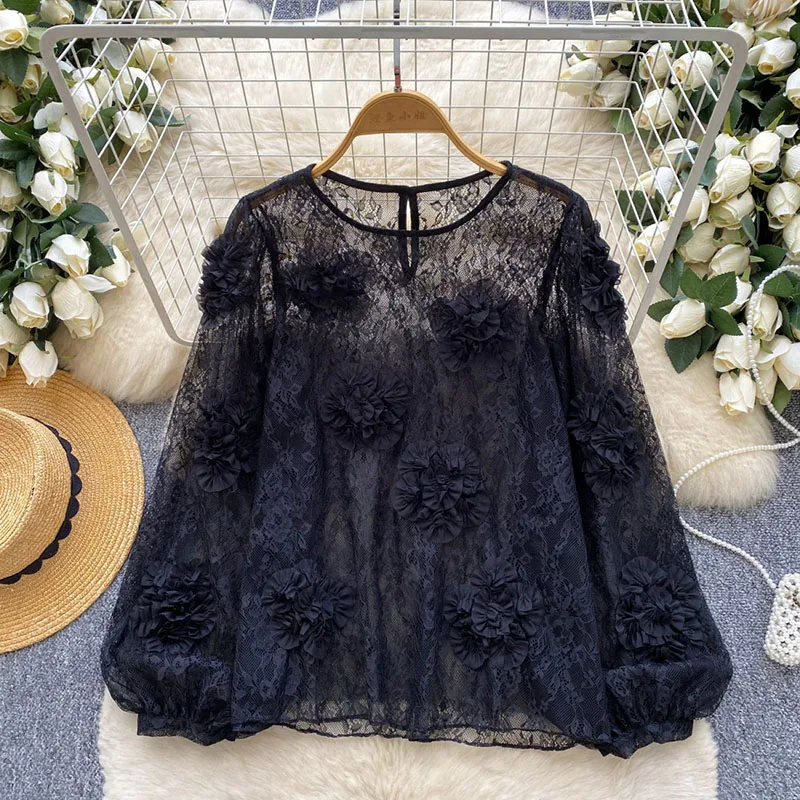 

Women Lace 3D Floral Top Sheer Long Lantern Sleeve Loose Aesthetic Party Shirt Spring 2026 Thin Romantic Gentle Blouse