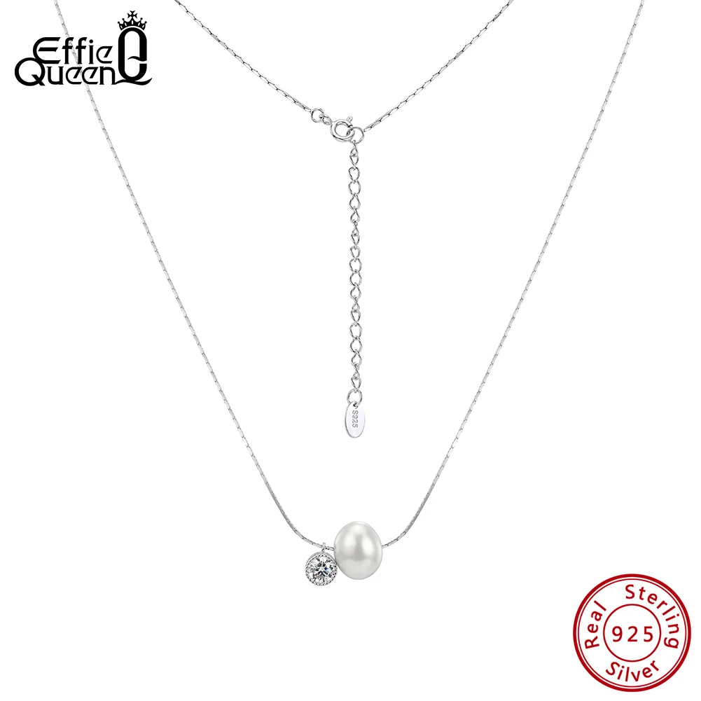 

Effie Queen 925 Sterling Silver Single Sparkling Zircon Natural Pearl Clavicle Chain Necklace for Women Wedding Jewelry GPN108