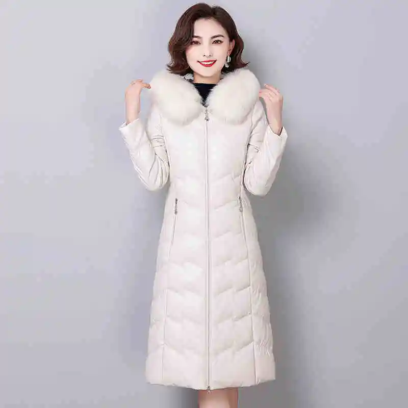 Women Genuine Leather Down Jacket Fox Fur Collar Mid-Length Warm Hooded Winter Coat Female Slim Fit Overcoat