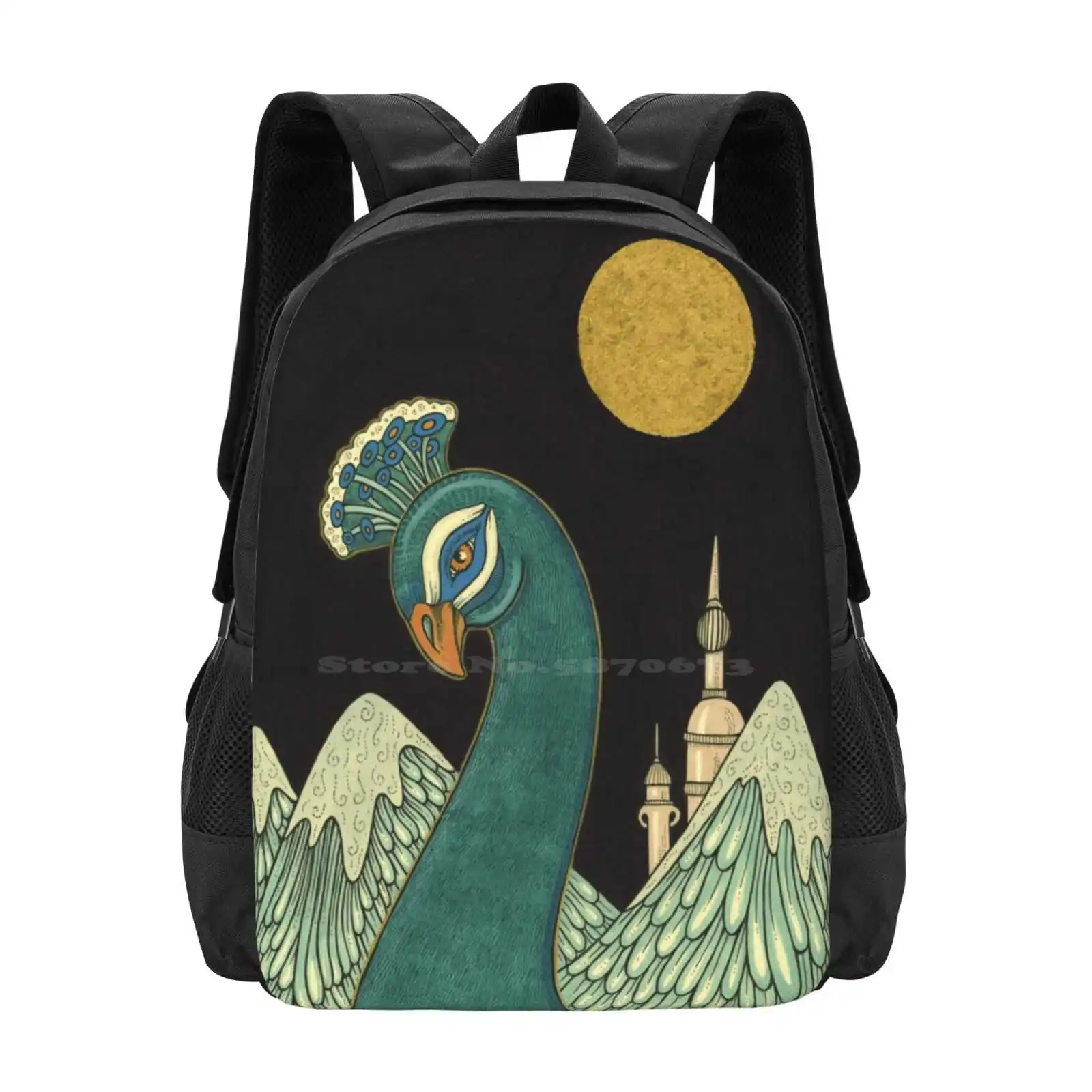 Sovereign Bag Backpack For Men Women Girls Teenage Peacock Bird Turquoise Gold Ink Anita Inverarity Feathers Mountain Moon India