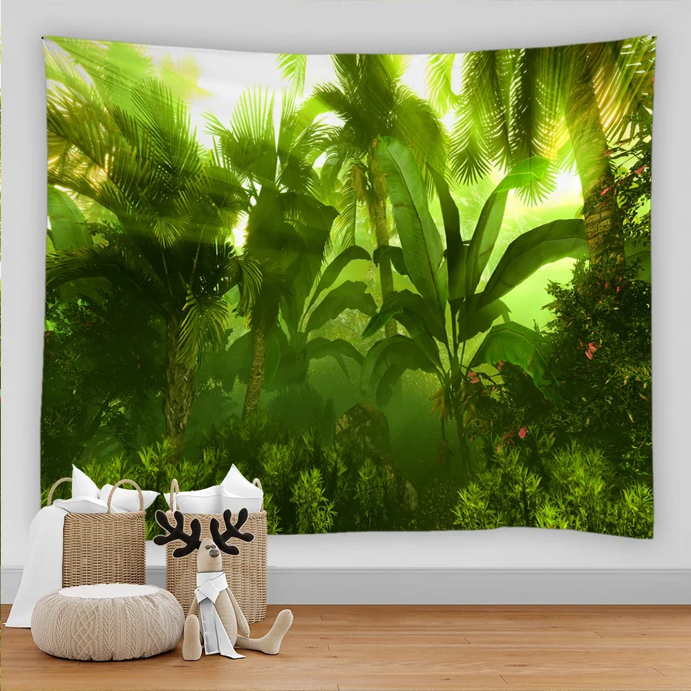 Forest Green Plant Palm Leaf Tapestry Nature Scene Wall Hanging Asthetic Room Decor Tropical Rainforest Plants Background Decor