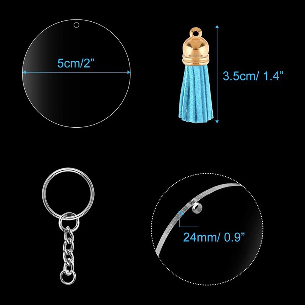Kit transparent de porte-clés circulaire en acrylique, 120 pièces pour projet en vinyle Cricut, comprenant des blancs de disques en acrylique, Tassels-AT64