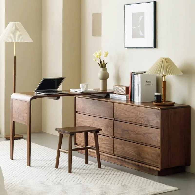 

walnut all-solid wood dresser chest of drawers integrated retractable desk bed end storage cabinet corner dressing table