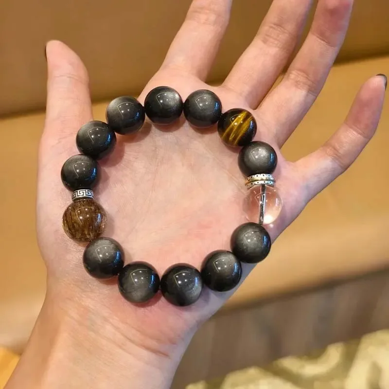 Natural black and silver obsidian white crystal bracelet, high-quality yellow tiger eye, boyfriend versatile bracelet, lucky