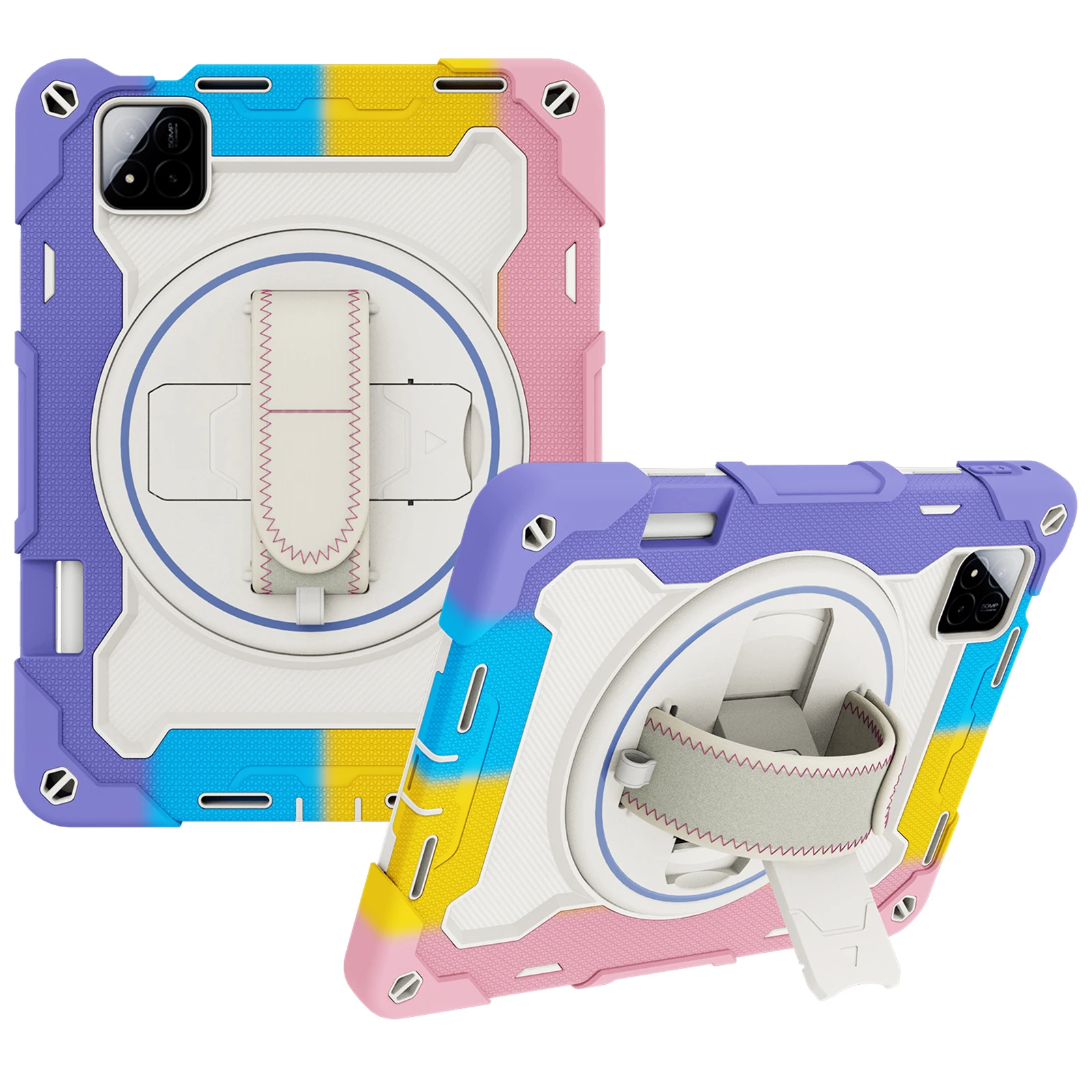 

For Xiaomi Pad 7 / Pad 7 Pro Kickstand Case Hand Strap PC + Silicone Tablet Cover with Pencil Holder - Colorful Pink