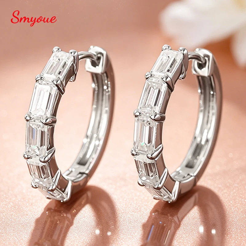 Smyoue 3*5mm Pass Diamond Test Moissanite Hoop Earrings D Vvs1 Emerald Cut Dainty Ear Jewelry for Women S925 Sterling Silver
