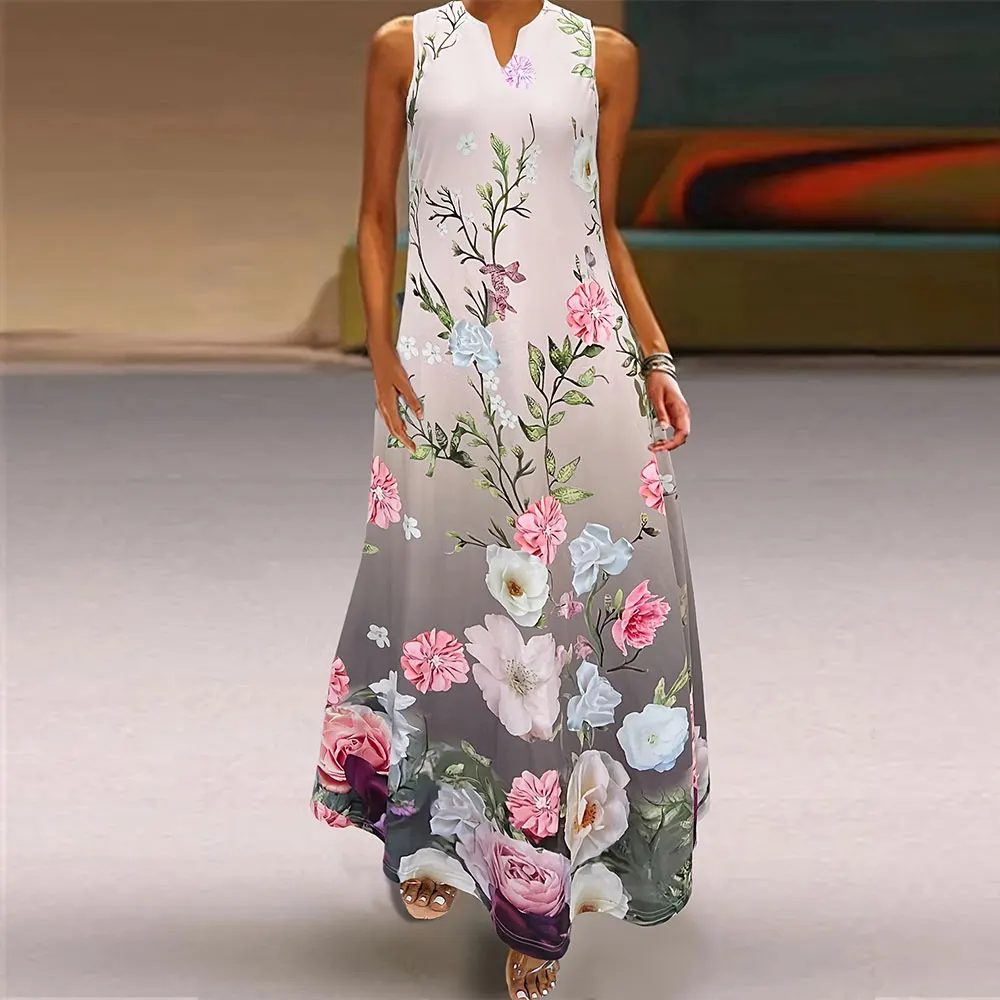 Frauen Kleid 3d Farbe Blumen Digitaldruck V-Ausschnitt Kleid große ärmellose Doppelt asche langes Kleid Frauen elegantes Abendkleid