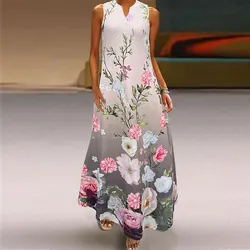 Women'S Casual Dress 2024 New Fashion Floral Digital Print Sleeveless Loose Dress For Women Plus Size V-Neck Pocket Dress