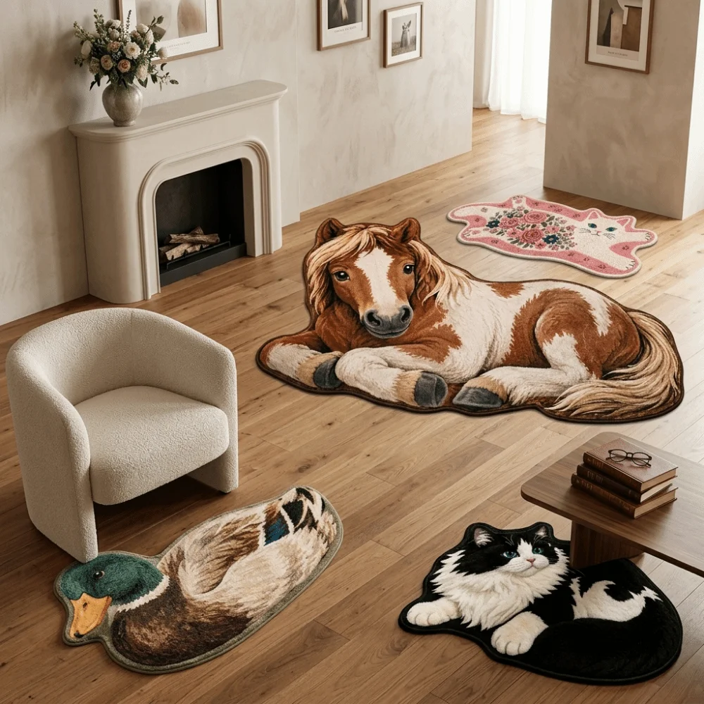 Comfortable Non-Slip Bedroom Rug Soft Stain Resistant Floor Rug Thick Construction Cartoon Animal Area Rug Home Living Room