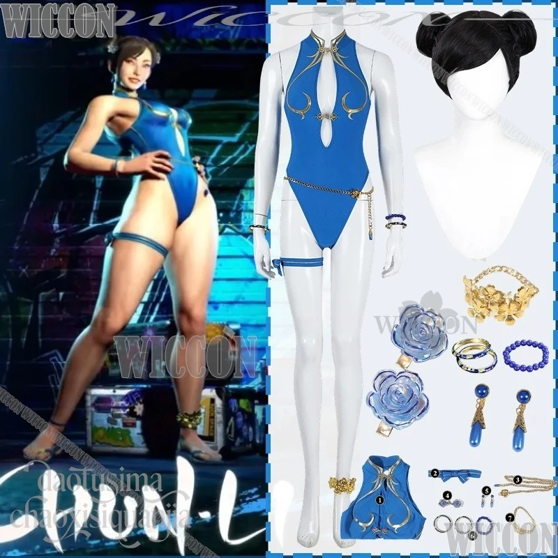 

Final Anime Game Fight 6 Cosplay Chunli Costume Sexy Blue Sukumizu High Slit Bikini Hollowed Out Lingerie Swimsuit Wigs Party