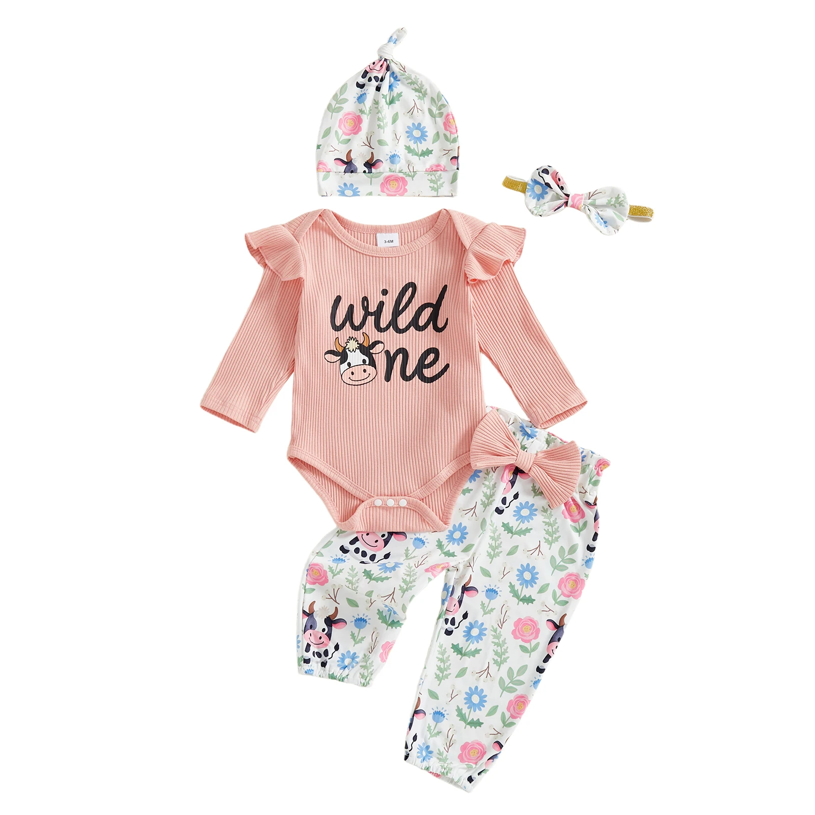 Completo da 4 pezzi per neonata, manica lunga, o collo, lettera, ricamo animale, tuta, fascia per capelli, pantaloni elastici in vita e set di cappelli