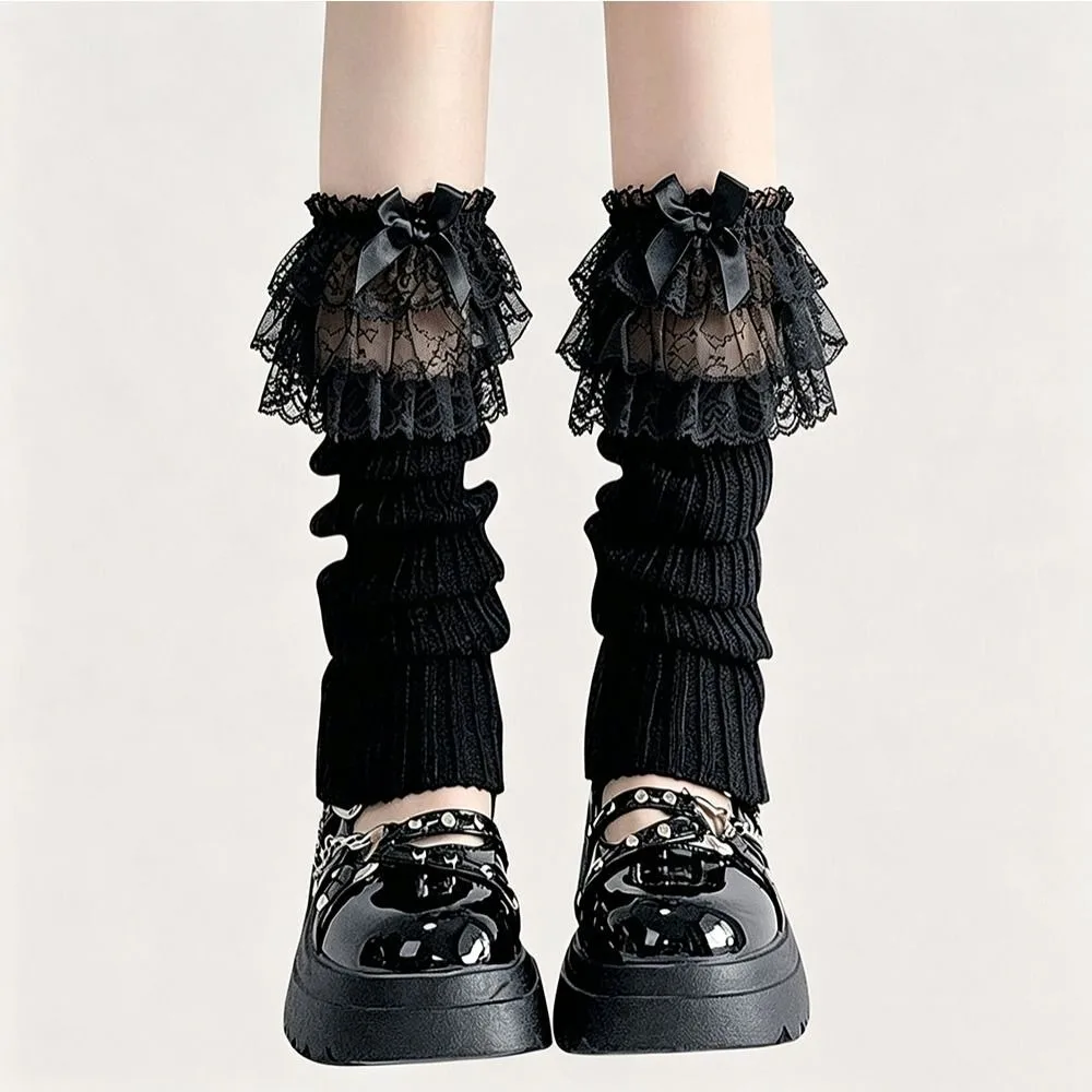 New Ruffled Bow Lace Leg Warmers Tiered Lace Trim Calf Leg Warmers Sweet Gothic Style Foot Warmer Autumn Winter Wear