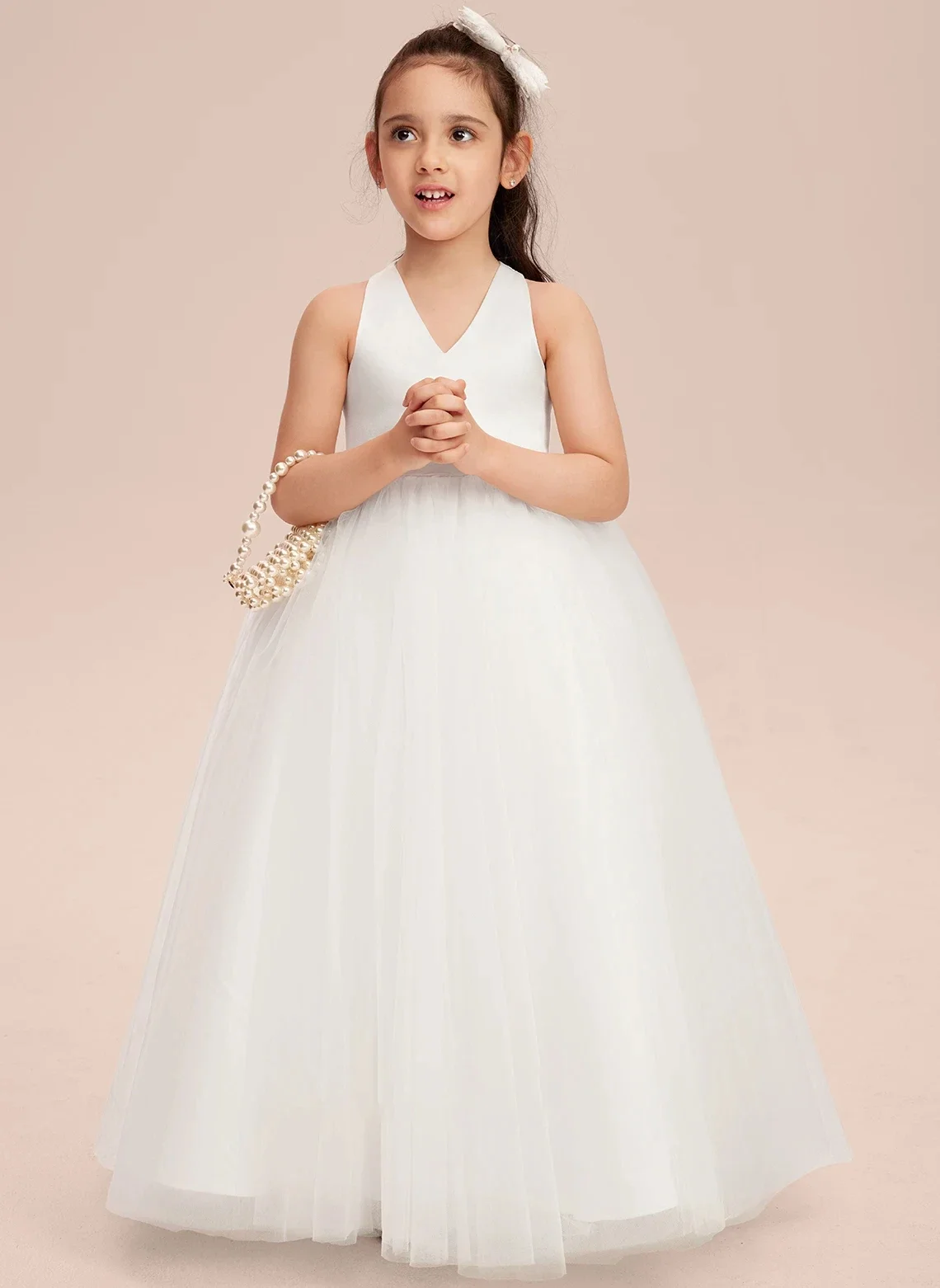 Lace Satin Flower Girl Dress A-line V-Neck Floor-Length 2-15T