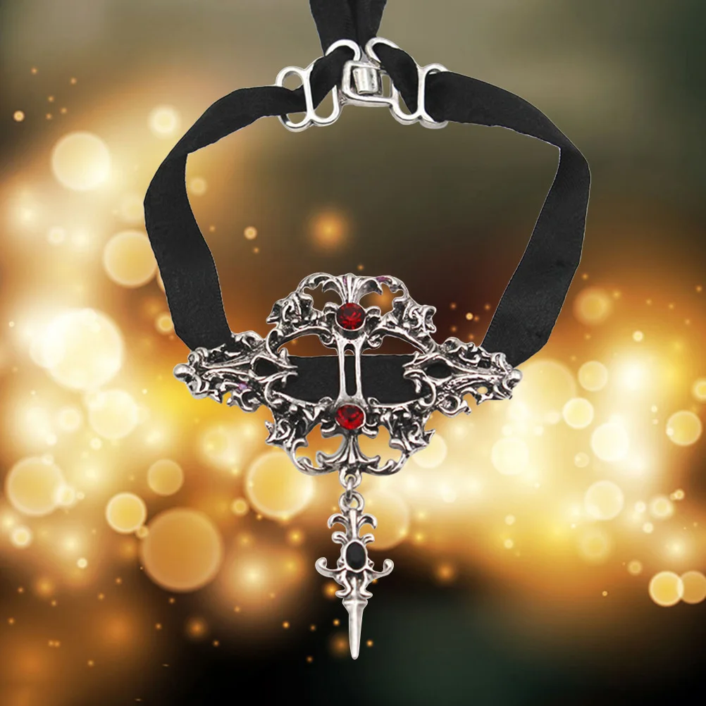 

Halloween Women Punk Pendant Necklace Simple Black Red Ribbon Cross Choker Stylish Gothic Jewelry Gift for Girlfriend Bridesmaid