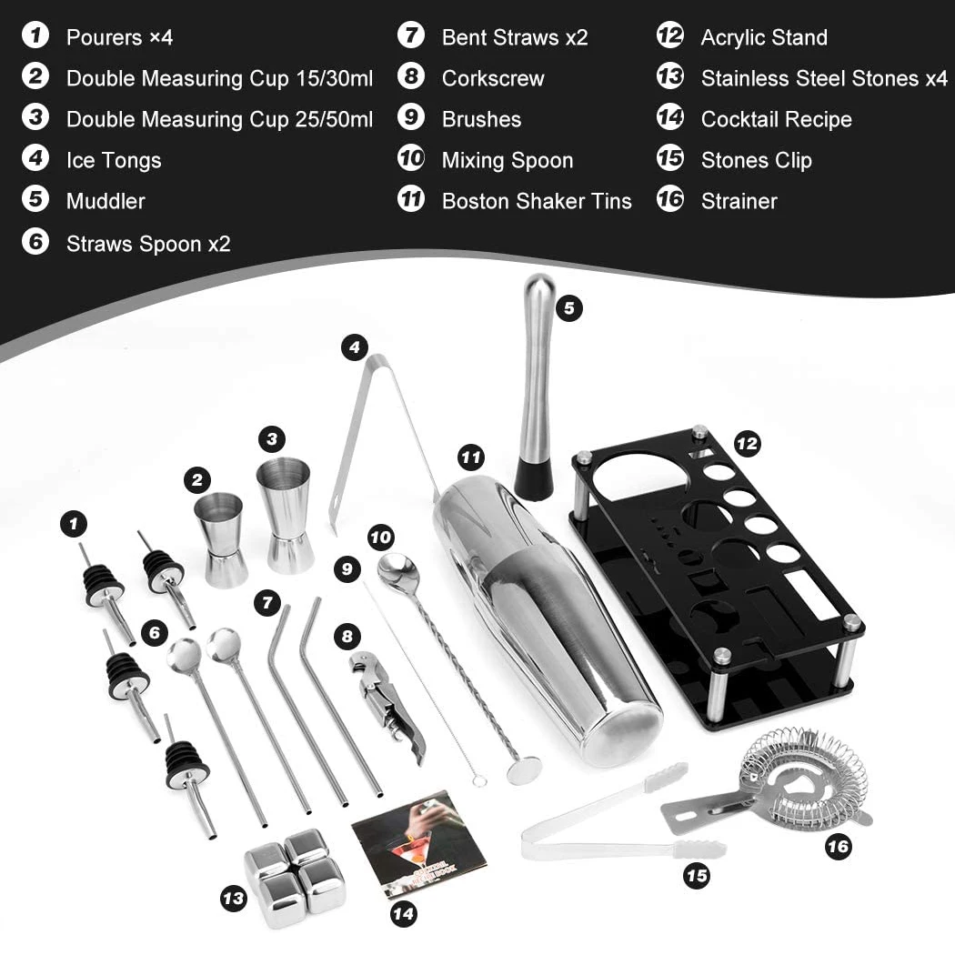 Cocktail Shaker Set Boston Stainless Steel Bartender Kit with Acrylic Stand & Cocktail Recipes Booklet