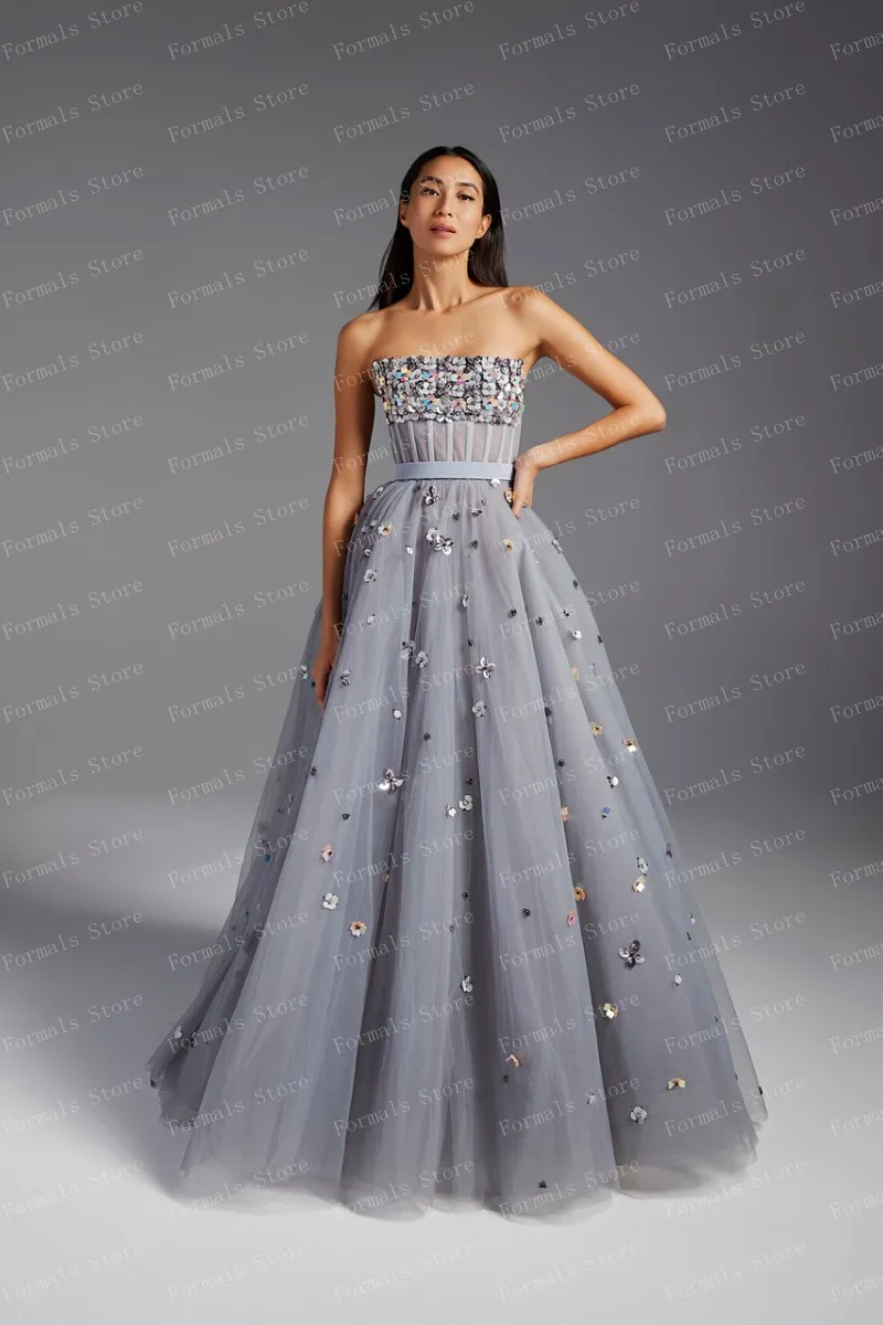 Shiny Gray Prom Dress Sequins Sparkly Strapless Evening Dresses Layered A-line Sequins Floral Gown Luxury Woman Clothes For Even