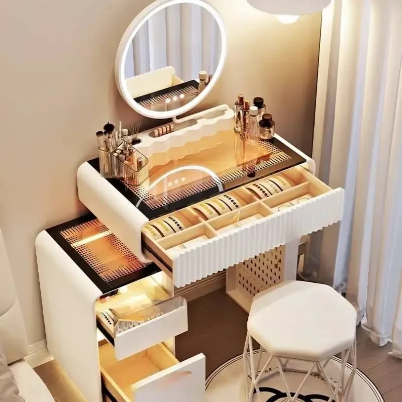 

Simple Storage Makeup Vanity Desk Wooden Glossy Mirror Vintage Makeup Vanity Desk White Corner Kaptafel Furnitures For Bedroom