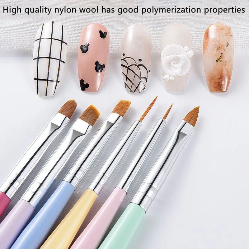 6Pcs/Set Macaron Color Handle Nail Glue Phototherapy Pen UV Gel Acrylic Brush Professionnal Nail Art Painting Drawing Brushes