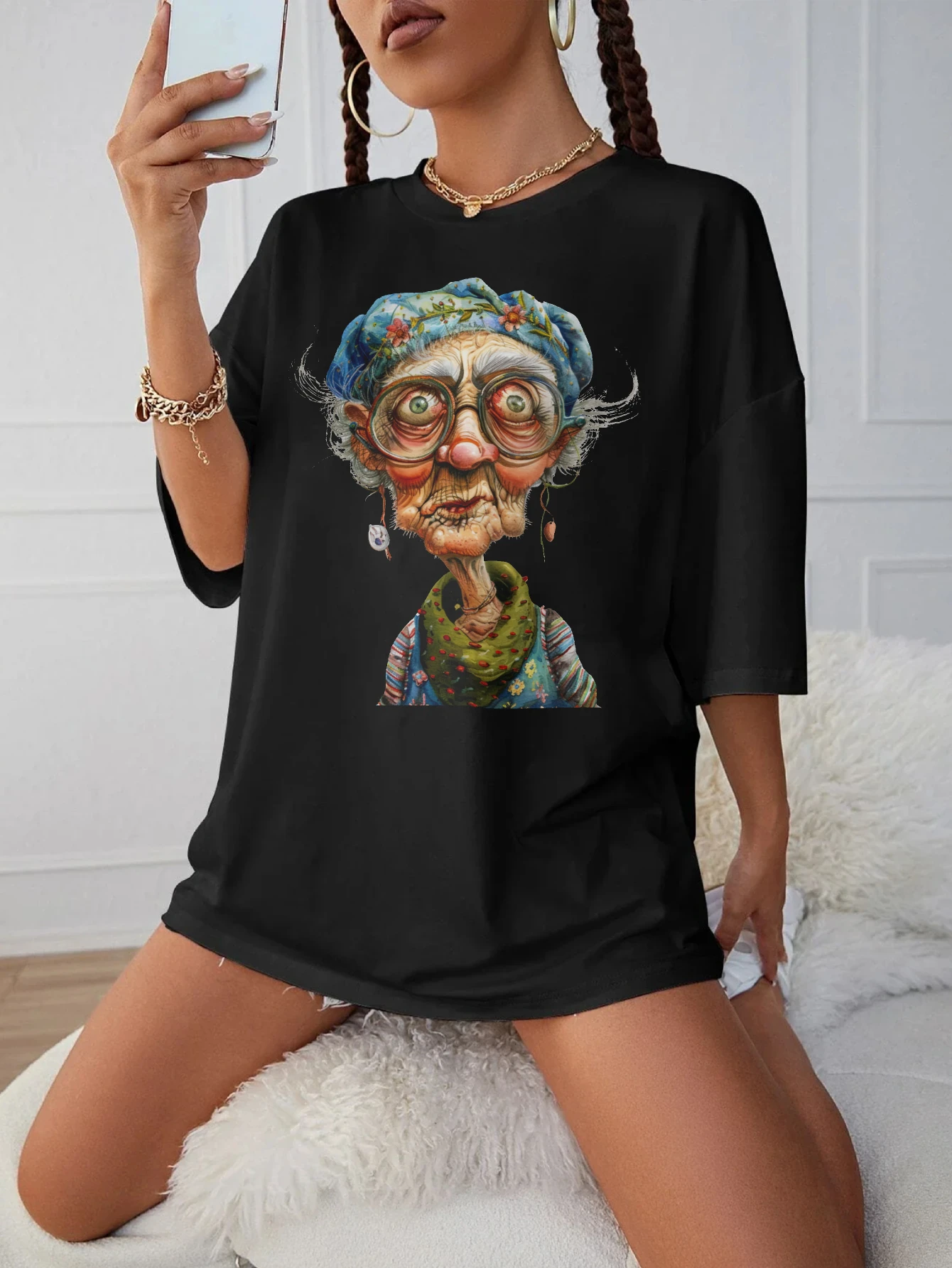

Quirky-Whimsical-Crazy-Grandma-Clipart Удобная черная футболка свободного покроя для беременных с круглым вырезом для поздней беременности Летняя одежда