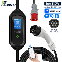 Puppyfc Portable EV Charger Type2 11KW 16A 3Phase Wallbox 5m EVSE Fast Charging CEE Plug WiFi Bluetooth Remote Control