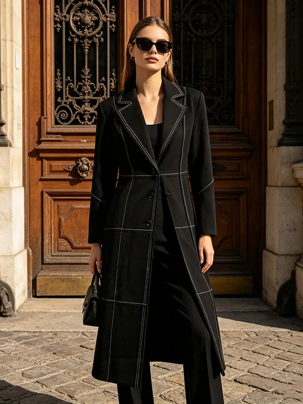 Autumn Winter Black European American Contrast Stitch Women Long Blazer Coat Notched Lapel Office Outerwear Blazer Mujer Traf
