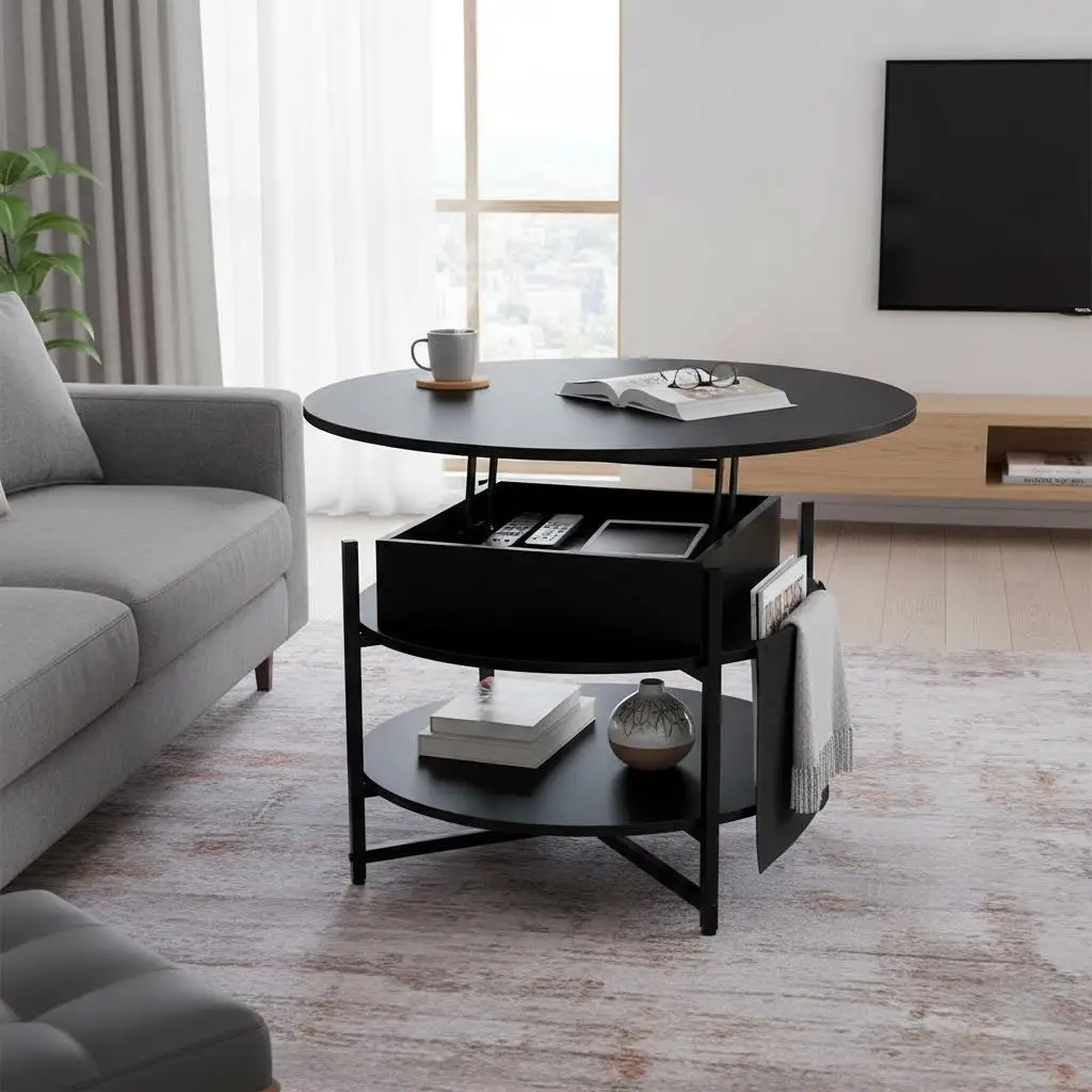 

Circular Elevating Tea Table 35.3 inch For Living Room Reception Area Small Apartment Hidden Compartment Side Pockets Metal F