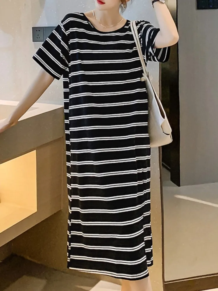 ขนาดบวกลายแขนสั้นเสื้อยืดชุดฤดูร้อนใหม่ O-คอแยกกุ๊นหลวมชุดลําลองแฟชั่นผู้หญิงเกาหลีเสื้อผ้า