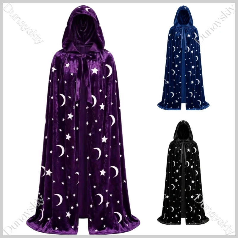 

Halloween Star & Moon Print Hooded Velvet Cape Wizard Cosplay Costume Gothic Vampire Hooded Cape Robe Hood Unisex Design Party