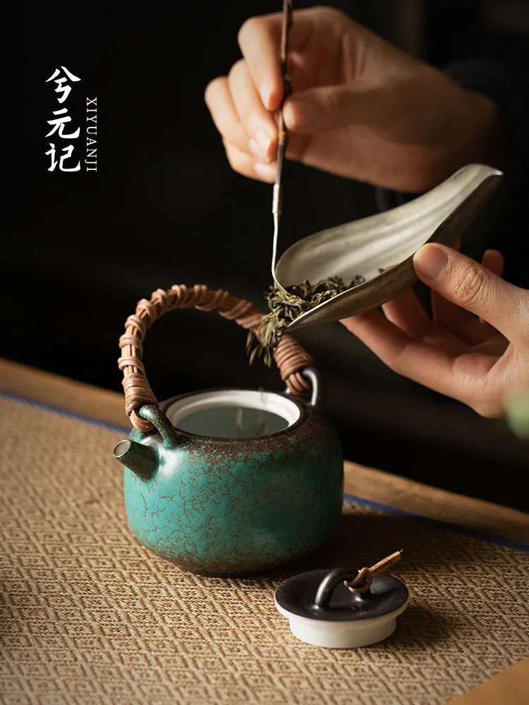 Green Rattan Woven Loop-Handled Teapot Home Reception Single Large Porcelain Set