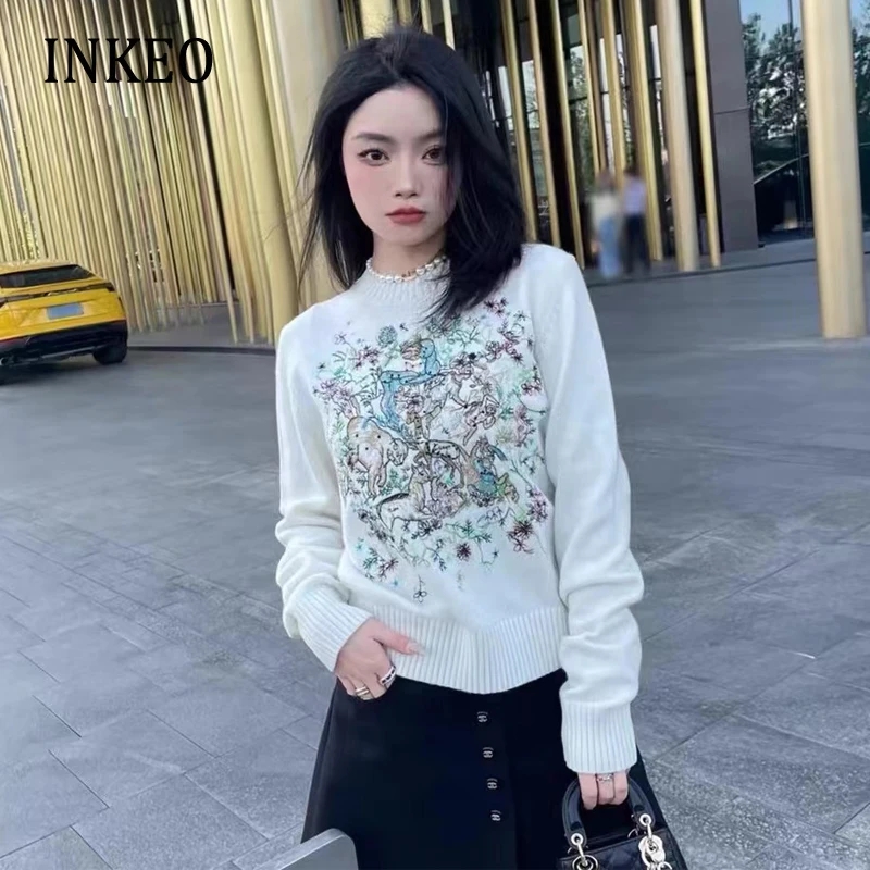 Luxury Women\'s Embroidery knitted sweater Fall Winter O-neck Long sleeve tops Pullover jumper Female Fashion INKEO 2T236