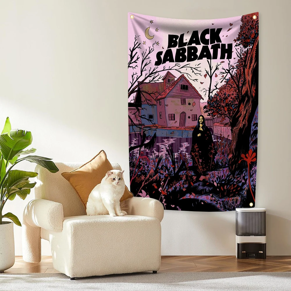 لافتة طباعة رقمية من البوليستر لفرقة الروك الثقيلة B-Black Sabbaths لتزيين نسيج داخلي خارجي لغرفة النوم