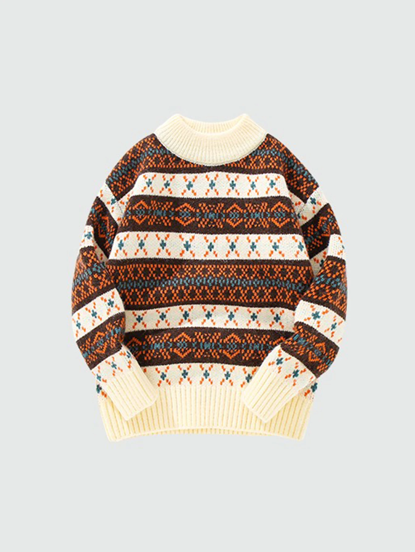 Children Fair Isle Jacquard Knit Pullover, Mock Neck Warm Long Sleeve Sweater for Boys Girls Fall Winter