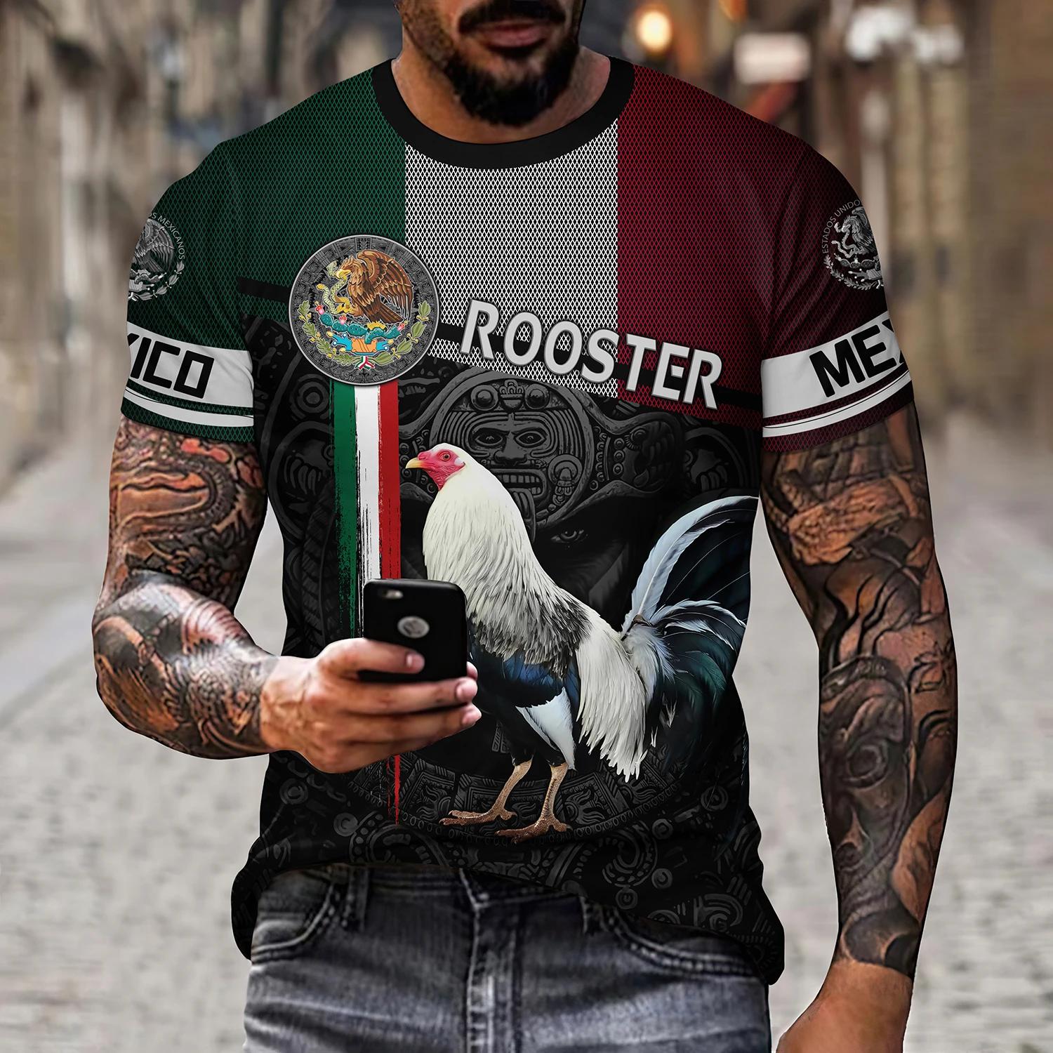 Summer\'s latest 3D digital printed Mexican eagle chicken pattern short sleeved casual oversized T-shirt street retro fashion top