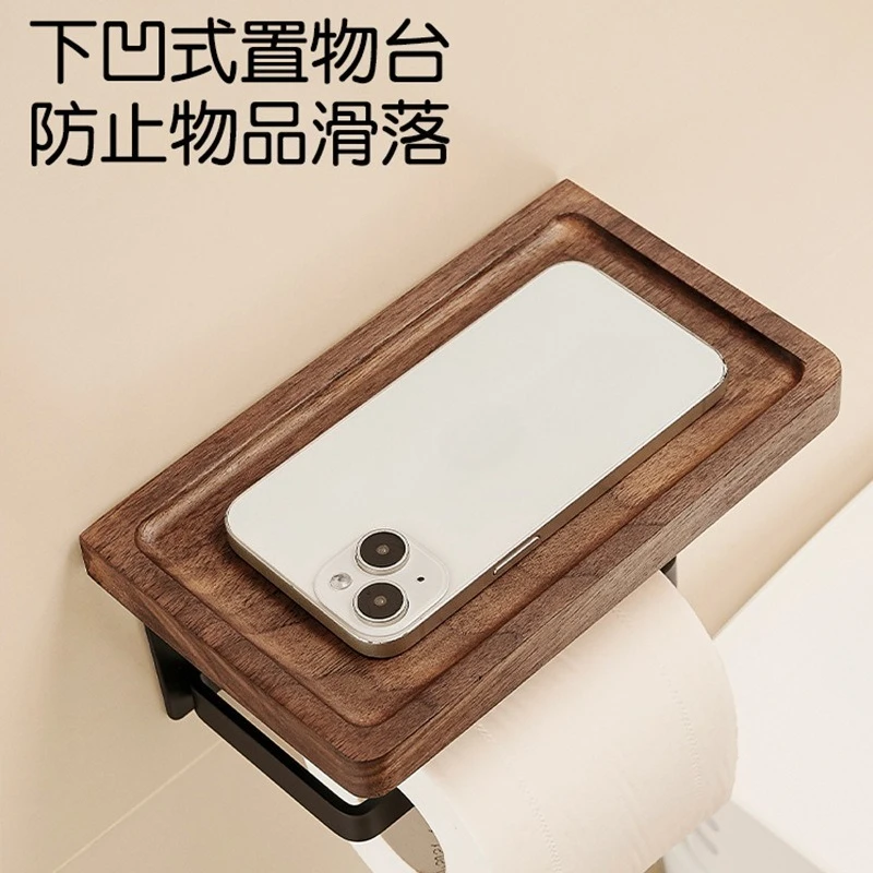 Walnut Wood No Drill Toilet Paper Holder Creative Wall Mount Bathroom Roll Tissue Storage Rack Household Organize view 3